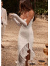 Square Neck Ivory Lace Chiffon Slit Sweet Wedding Dress